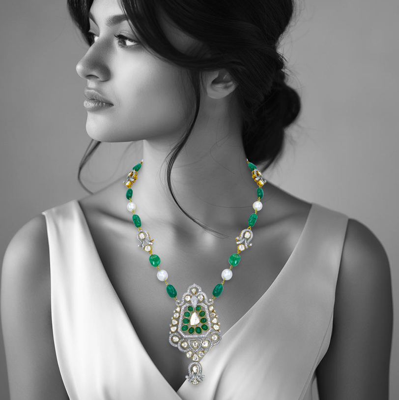 Emerald and Pearl Necklace with Diamond Motifs and Pendant